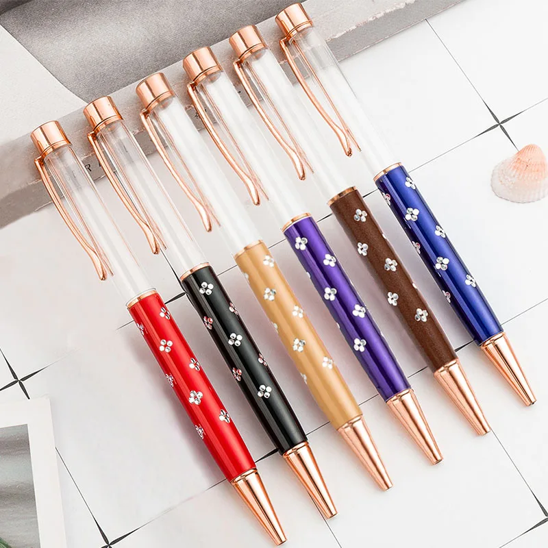 

New DIY Empty Tube Ballpoint Pen Self-filling Gold Foil Oil Crystal Gift Pens Metal Printing Flowers Pen School Office Supplies