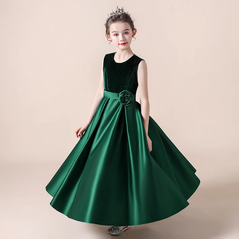 Dideyttawl Satin O-Neck Flower Girl Dresses Corduroy Elegant Long Wedding Princess Dress Bow Formal Kids Birthday Gown