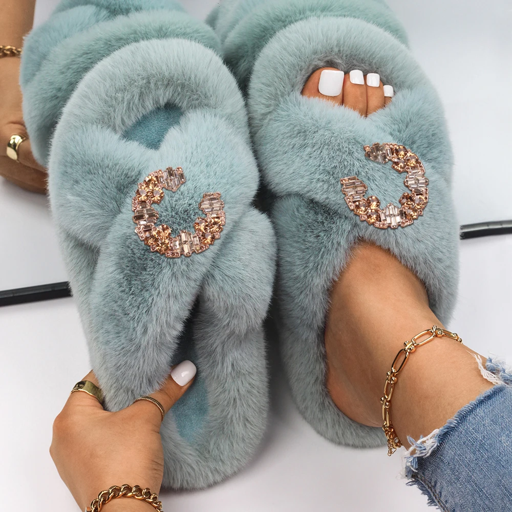 Fashion Women Fluffy Flip Flops Rhinestone Ring Decor Furry Slides Ladies Luxury Designer Slippers Flat Casual Shoes