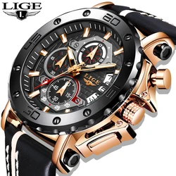 2020LIGE New Fashion Mens Watches Top Brand Luxury Big Dial Military Quartz Watch Leather Waterproof Sport Chronograph Watch Men