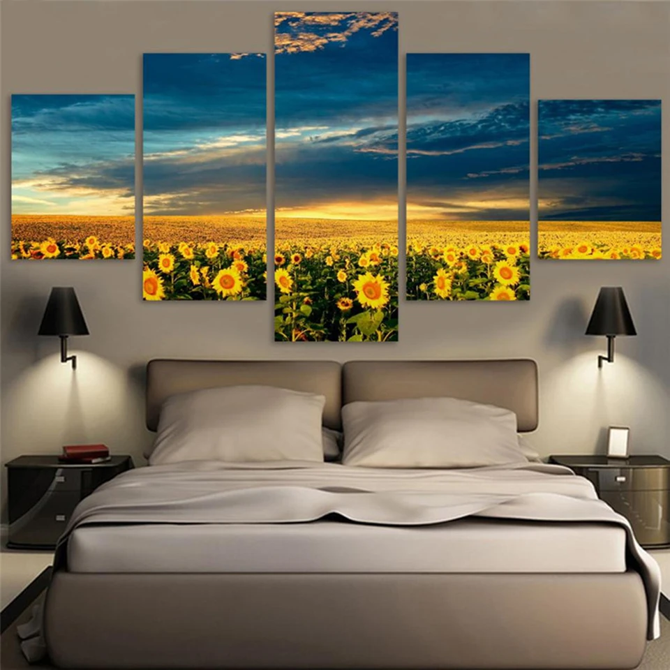 

No Framed 5 Pieces Sunflower Flower Sea Landscape Paintings HD Prints Posters Wall Art Canvas Pictures Living Room Home Decor