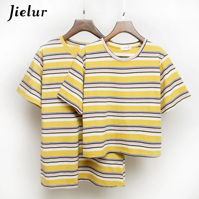 Jielur T Shirt Women Chic Hit Color Yellow Striped Tee Tops  Korean  Summer 2021 Harajuku Hipster Loose T-shirt Feminina S-L