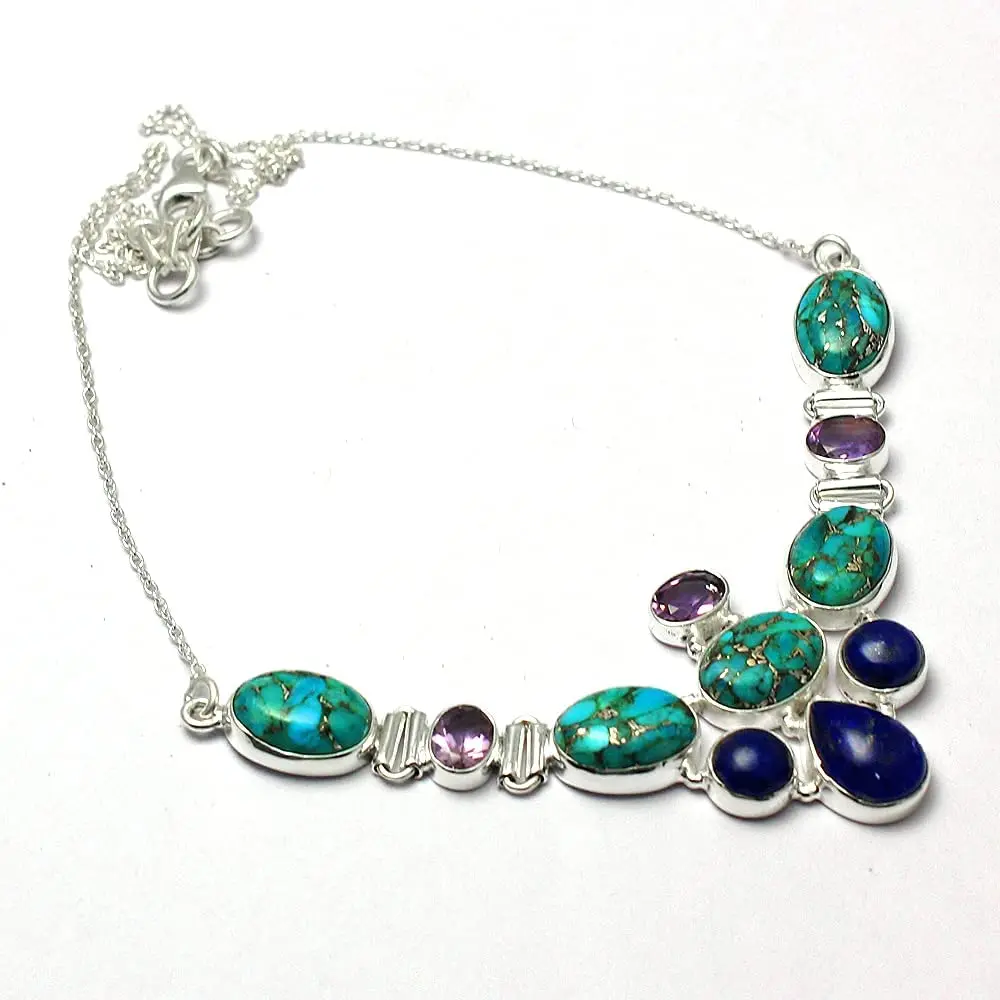 

Genuine Blue Copper Turquoise + Lapis Lazuri + Amethyst Necklace 925 Sterling Silver, 44 cm,MHBNE0259