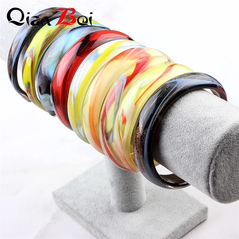 QianBei Fashion 6PCS Leopard Glass Bracelets For Women Colorful Bangles Murano Cuff Charms Bracelet Bohemian Punk Elegant