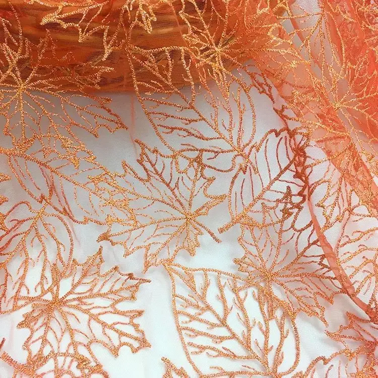 Quality 1 yard maple leaf embroidery lace net yarn African tulle fabrics DIY charming evening dress handwork cloth widows  gauze