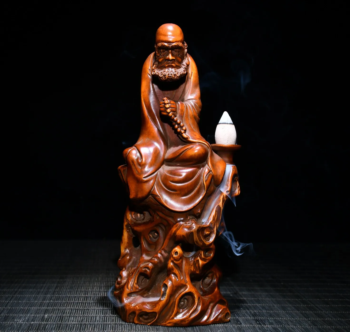 

8"Tibetan Temple Collection Old Boxwood Dharma statue Bodhidharma Buddha Backflow incense Worship Hall Town house Exorcism