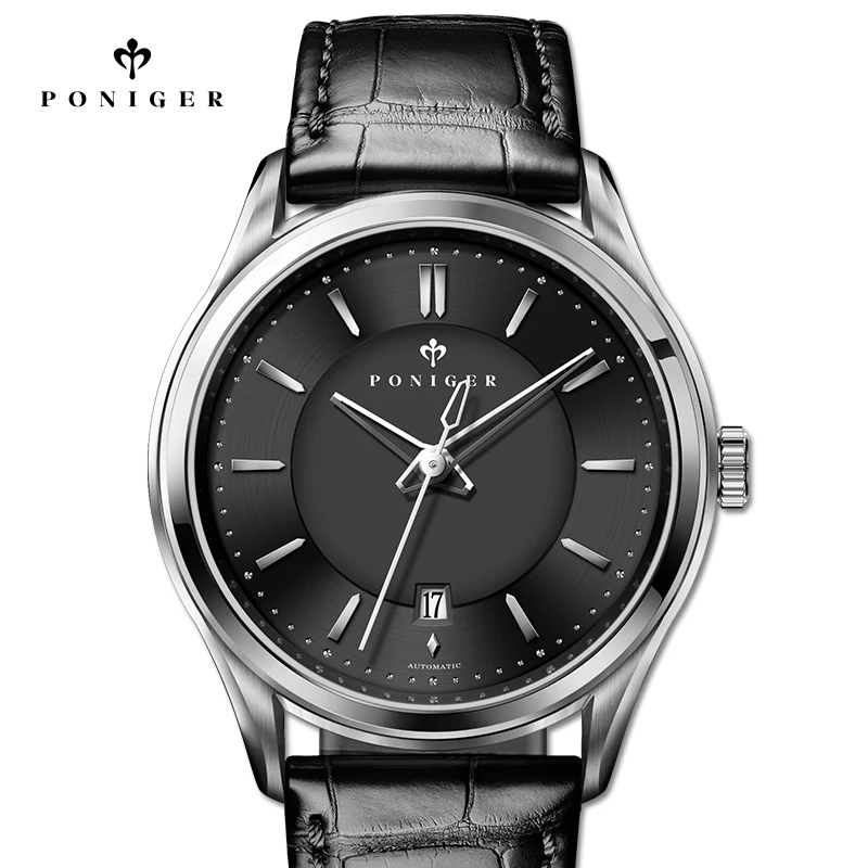 PONIGER, reloj de lujo de cuero genuino con cristal de zafiro resistente al agua, movimiento MIYOTA, reloj mecánico automático para hombre con fecha