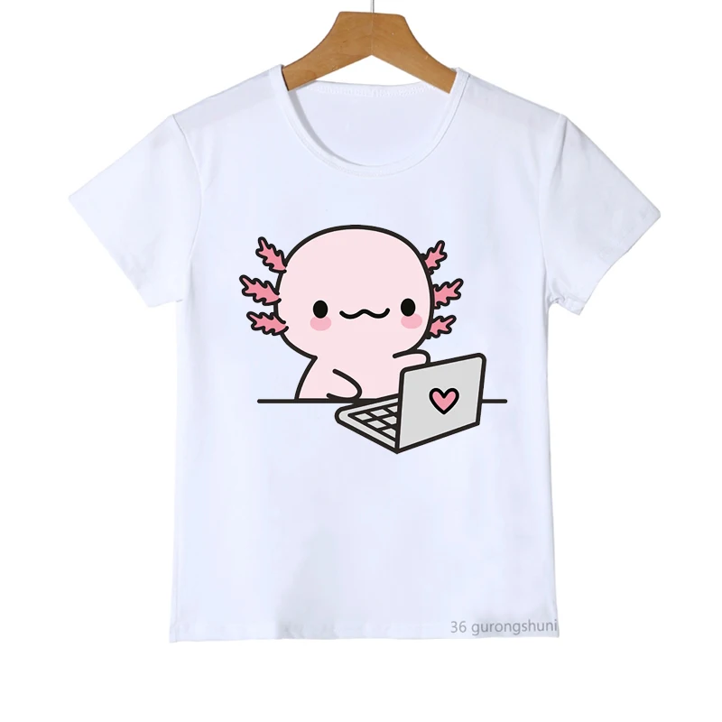 Cute Axolotl Hugging A Heart-Kids T-Shirt Summer Children'S Short Sleeve Fashion Trend Boys T Shirt Cute Girls Tshirt White Tops