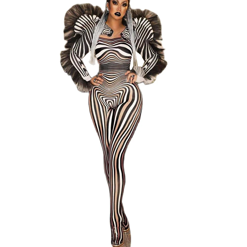 2023 Print Zebra Pattern Women Jumpsuits Long Sleeve Stretch Costume Nightclub Dancer Singer Stage Wear Drag Queen Outfit 2024