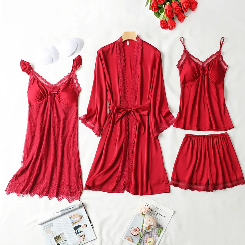 

Spring Summer New Women Home Clothing Sexy Lace 4PCS Pajamas Suit Nightwear Intimate Lingerie Casual Burgundy Sleep Set Pyjamas