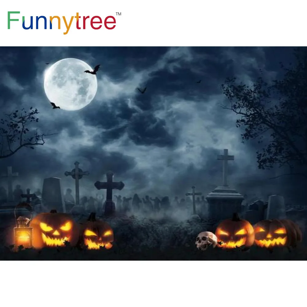 

Funnytree Halloween Pumpkin Lanterns Full Night Backdrop Branches Tombstones Foggy Frightening Banner Background Photo Studio