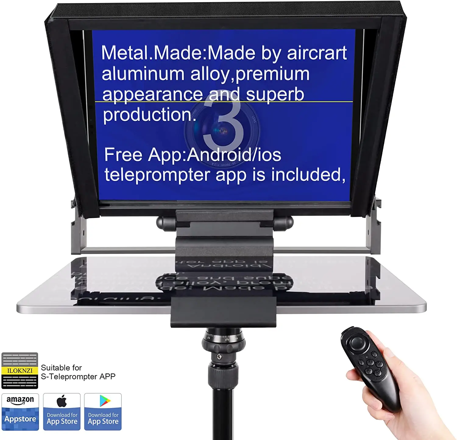 12.5 Inch Screen Teleprompter with Remote Control, Adjustable Camera Mounting Platform Aluminum Made for 12.9