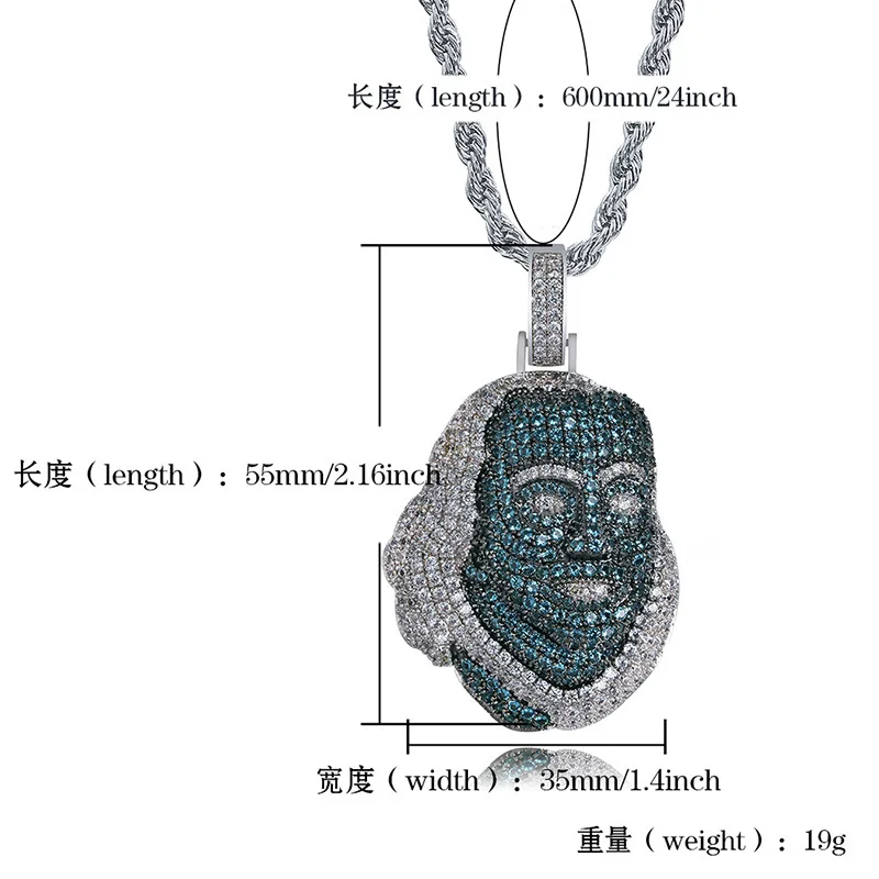 Hip Hop Green CZ Stone Paved Bling Paved Iced Out Franklin Avatar Character Pendants Necklace for Men Rapper Jewelry Gifts