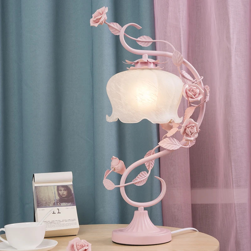 

Romantic Garden Wrought Iron Rose Flower Ceramic Glass Lampshade Table Lamp Romantic Bedside Lamp