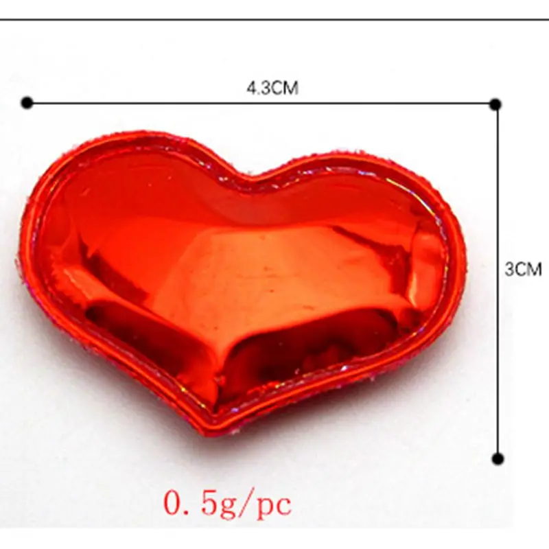 100 unids/lote DIY reflect light shine heart, apliques acolchados para manualidades, bolsa para sombreros, accesorios de ropa y zapatos, decoración