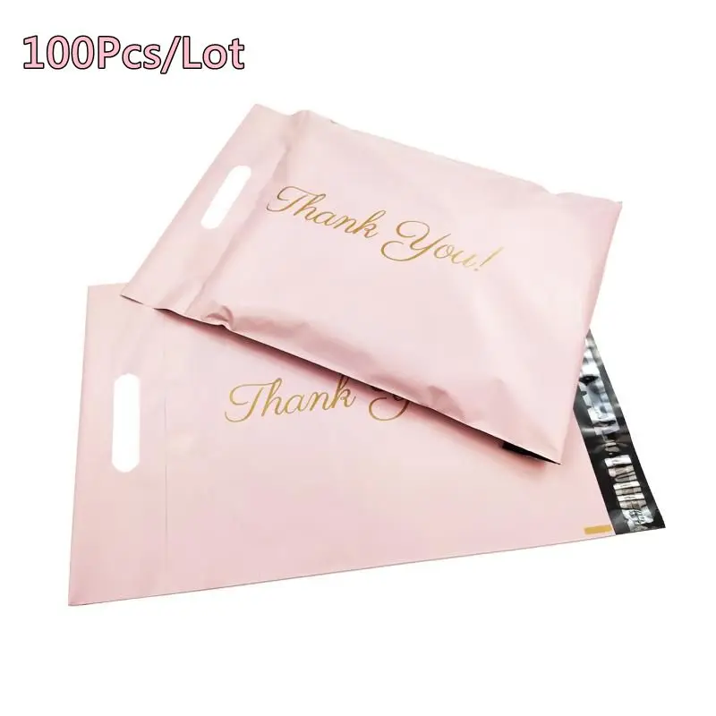 100PCS Thank You Portable Poly Mailer Adhesive Envelopes Bags Courier Hair Bundles Party Gifts Boxes Shipping Pouches Pink/Black