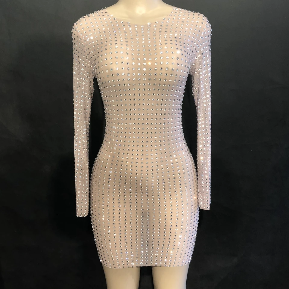 

Birthday Celebrate Dresses Sparkly Silver Rhinestone Mesh Perspective Dress Evening Party Luxurious Long Sleeve short Mini Dress