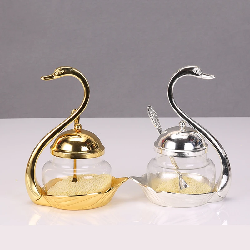 Unique Swan Jars European Style Gold Silver Finish Metal Glass Salt/Sugar/Tea/Coffee Jar Tableware Dinnerware Home Table Decor