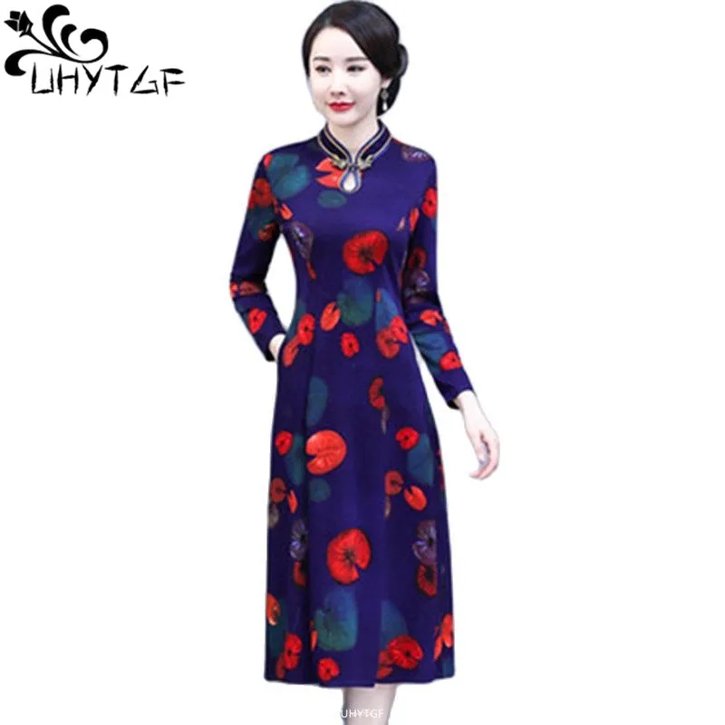 

UHYTGF Spring Autumn Dress Women Printed Pullover Vintage Cheongsam Dresses Long Sleeve Casual Loose Cheongsam Dress Vestidos 12