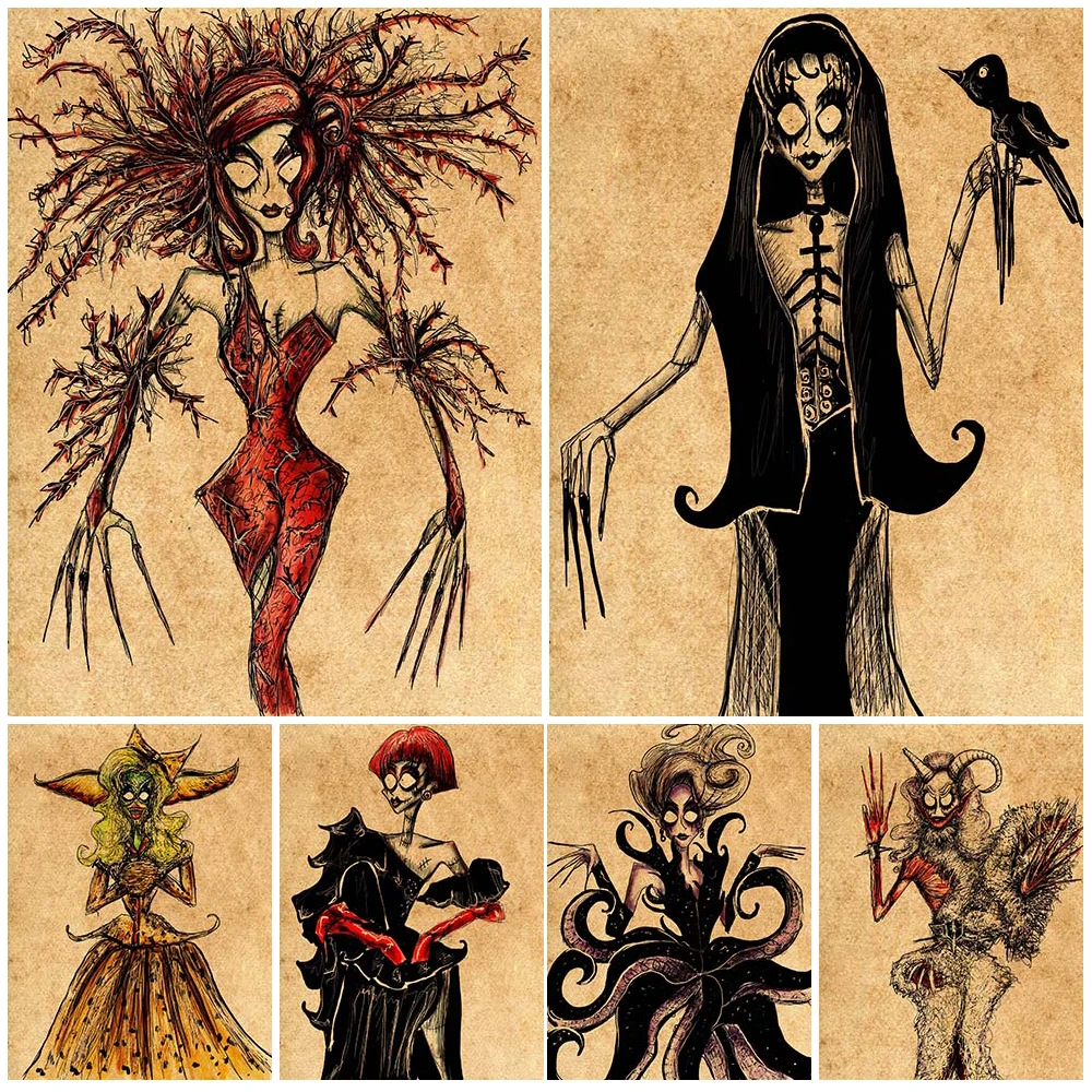 Retro Thorn Witch, Sea Monster, Devil, Gothic Art Painting For Home Decoration Poster And Prints Thriller Wall Art Canvas Prints