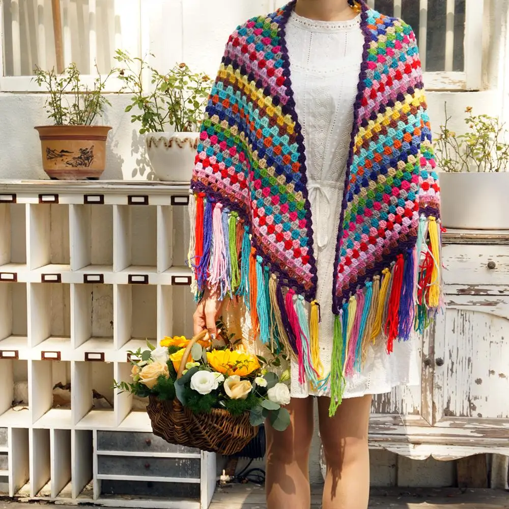 Chromatic colour Handmade Crochet granny square Tassel Scarf wraps women  Big flower autumn winter scarves poncho Scarf