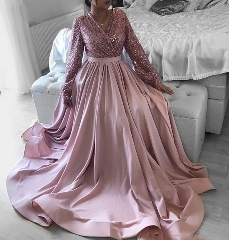 Elegante vestido de cetim de lantejoulas feminino, rosa, decote em v, manga comprida, tamanhos grandes, baile, vestidos formais, Dubai, 2022