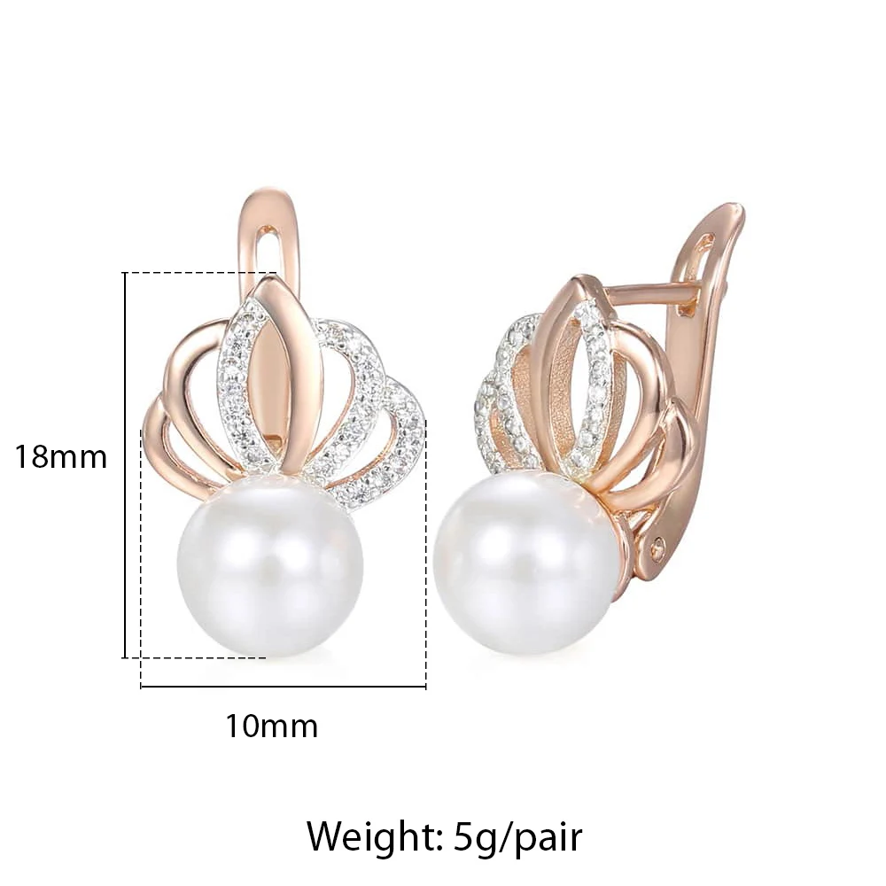 Fashion Pearl Earrings 585 Rose Gold Color Rhinestones Crown Women Girls White Cubic Zircon Stud Earring Female Jewelry Gift