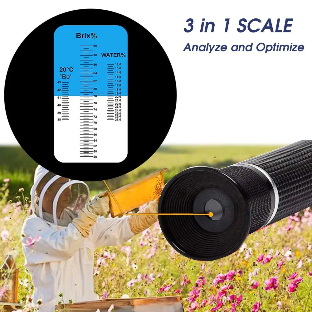 3-in-1 Uses, 58-90% Brix Scale Range Honey Moisture Tester Honey Refractometer for Honey Moisture, Brix and Baume, with ATC