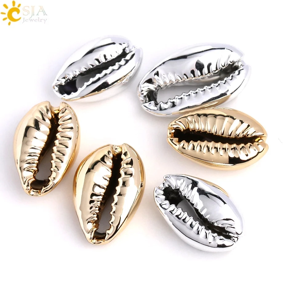 CSJA Natural Sea Kauri Cowrie Shell Beads for Jewelry Making Gold Silver Color Conch Puka Cowry Charms Metal Bead Jewellery S427