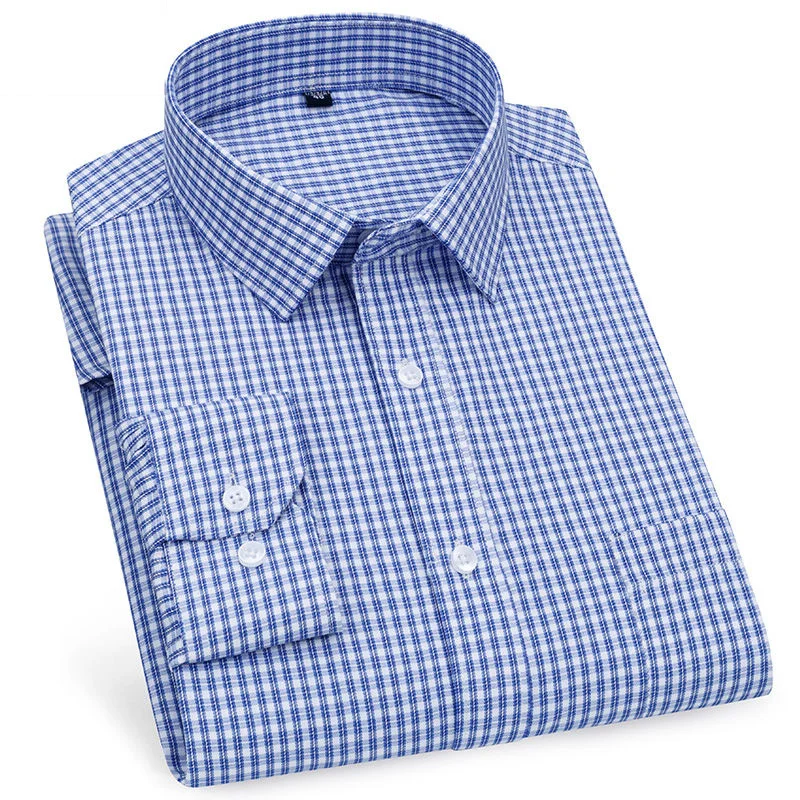 Top Quality Men‘s Business Casual Long Sleeved Shirt Classic Striped Plaid Checked Male Social Dress Shirts for Man Purple Blue