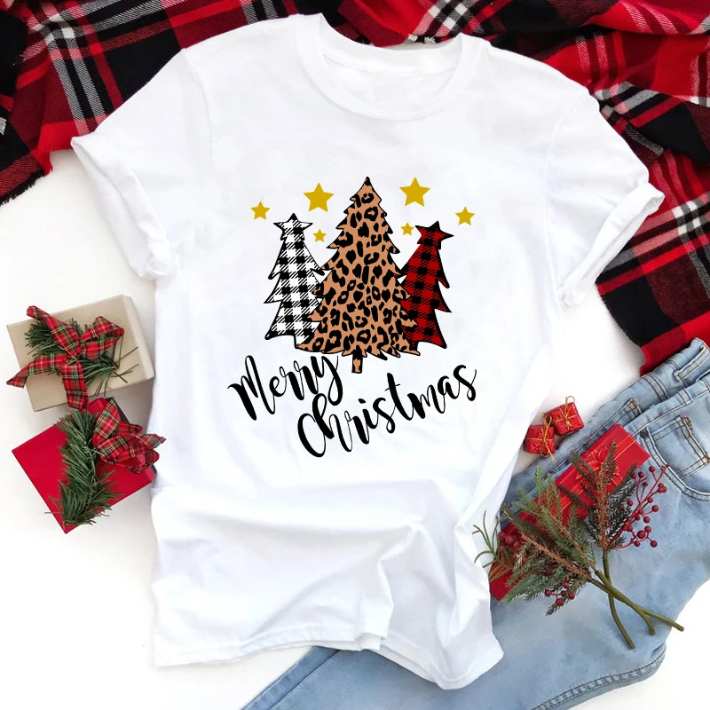 Cute Winter Short Sleeve Xmas Tshirt Vintage Women Holiday Tops Colored Buffalo Plaid & Leopard Merry Christmas Trees T-shirt