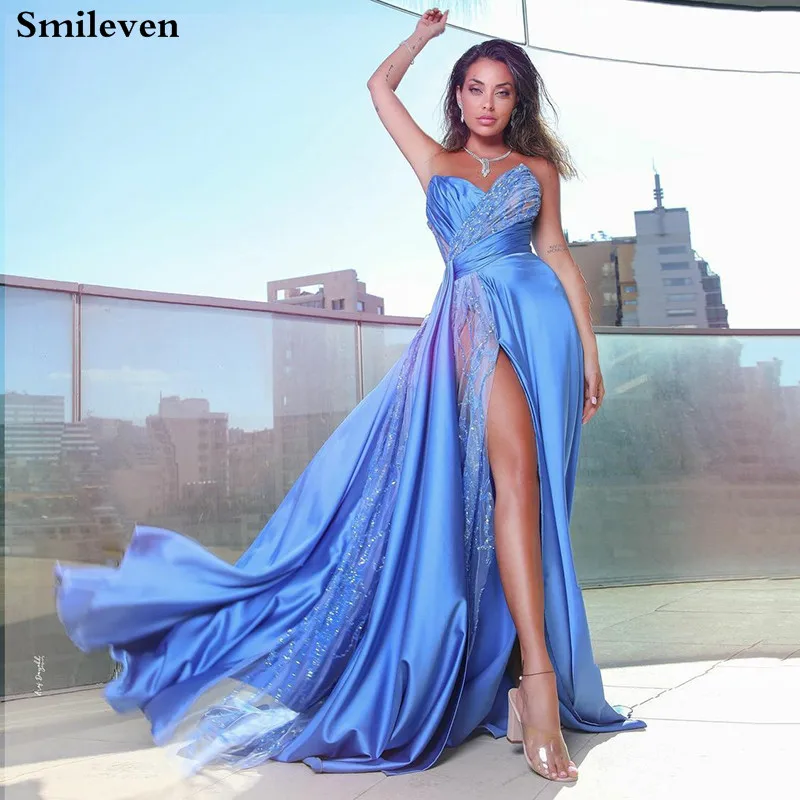 

Smileven Modest Sexy V Neck A Line Evening Dress Strapless High Side Split Prom Gown Glitter Celebrity Dresses Party Gowns