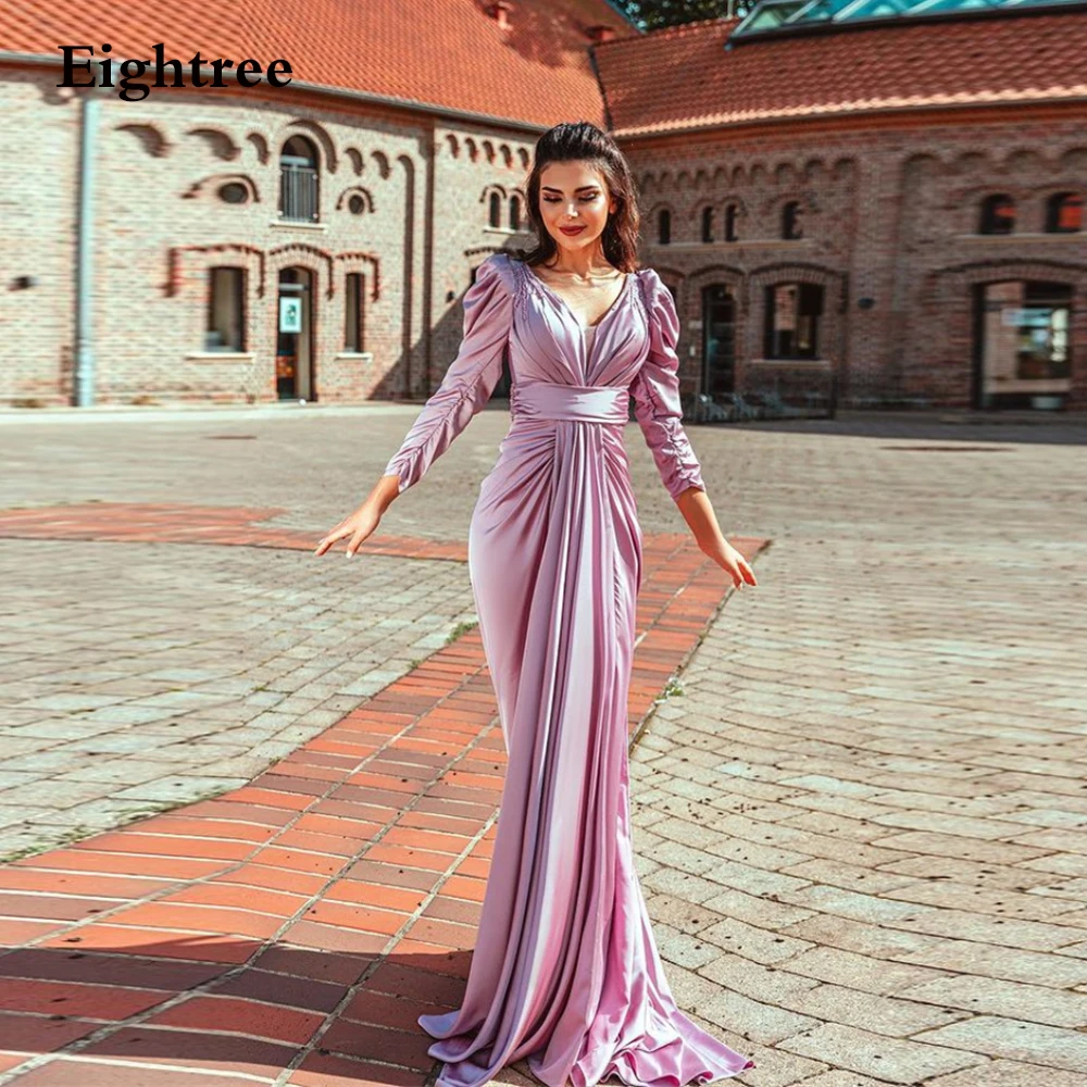 

Eightree 2024 New Pink Long Prom Dresses Long Sleeves Floor Length Evening Dress V Neck Formal Party Gowns Vestidos de festa