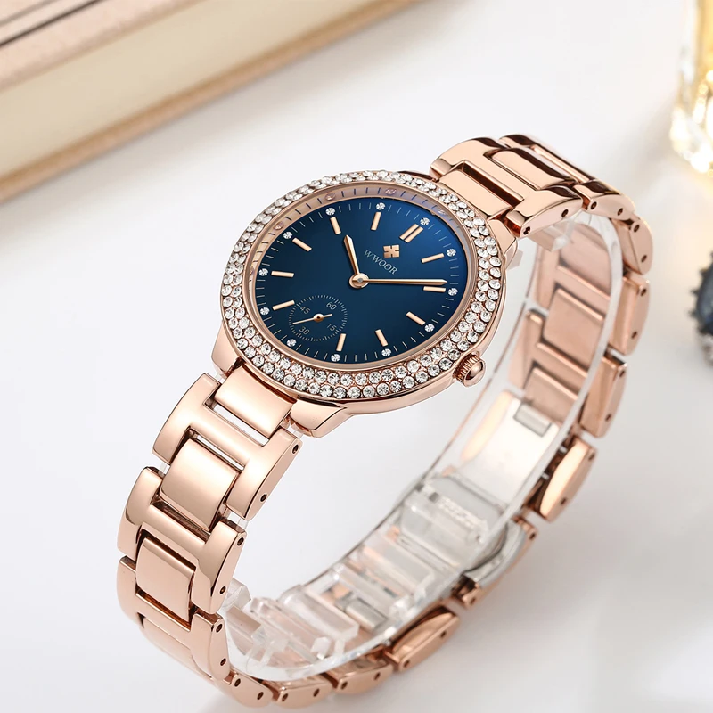 Reloj de pulsera con diamantes de movimiento japonés para Mujer WWOOR, elegante pulsera de cuarzo para Mujer, Reloj de pulsera resistente al agua,