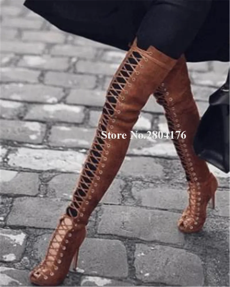 

Sexy Women Peep Toe Stiletto Heel Over Knee Gladiator Boots Brown Black Suede Lace-up Thigh High Long Boots Party Heels