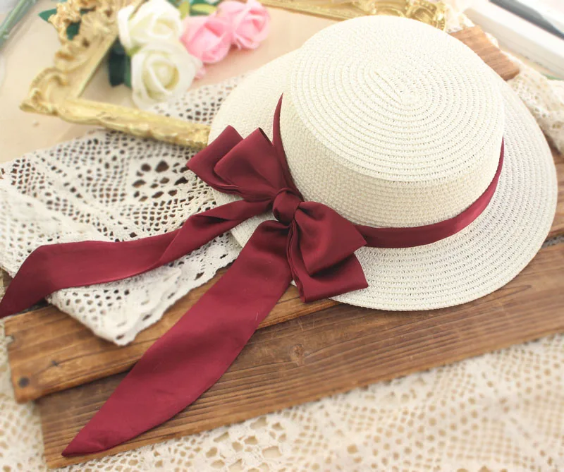 Original Handmade French Elegant Satin Bow Sunhat Lolita Summer All-Match Straw Hat Sun Protection Hat