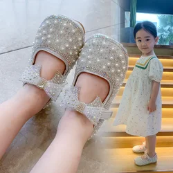 Girl's Princess Shoes Children's Fashion Bow Rhinestone Leather Kids Shoe 2024 New Baby Girls Party Student Flat Shoes E584