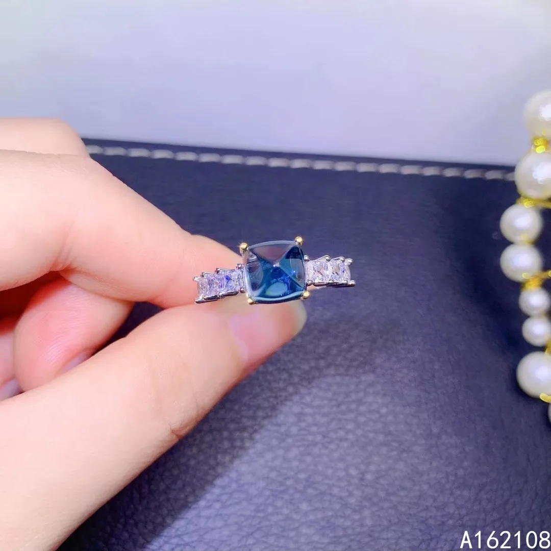 

Fine Jewelry 925 Sterling Silver Inset With Natural Gem Women Classic Elegant Sugar Tower Blue Topaz Adjustable Ring Support Det