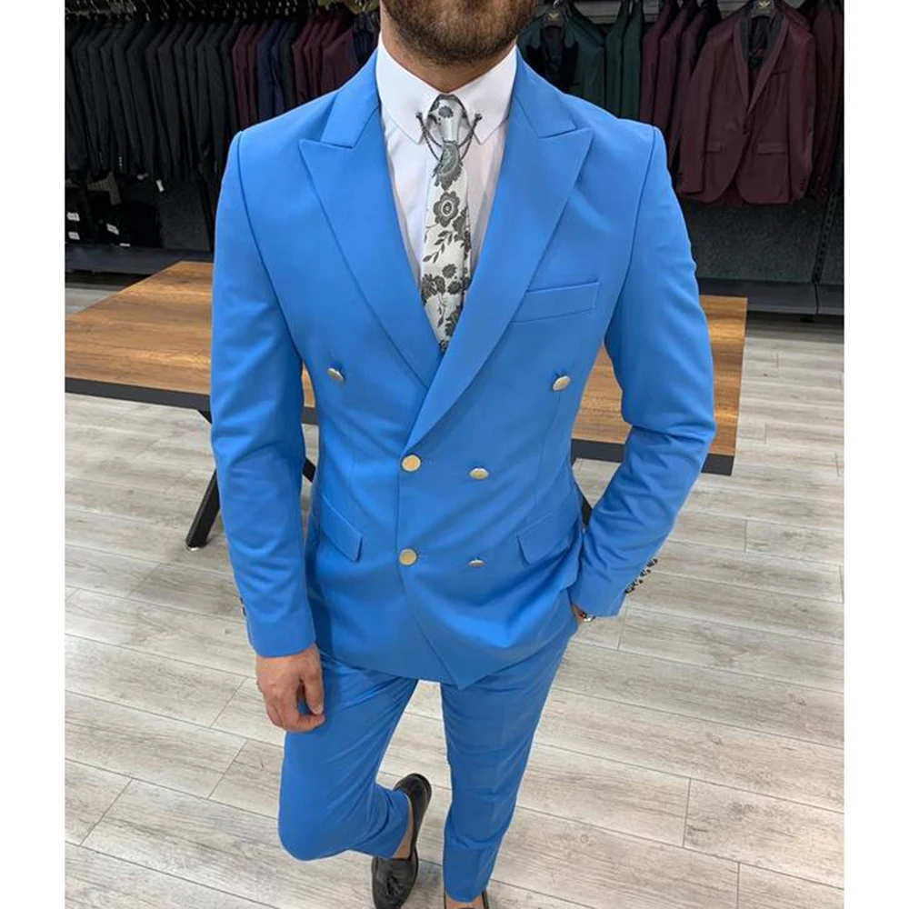 

Newest Blue Double Breasted Men Suits Set Tailored Slim Fit Groom Dress Tuxedo Gold Buttons Blazer Pants 2 Pieces Plus Size Coat