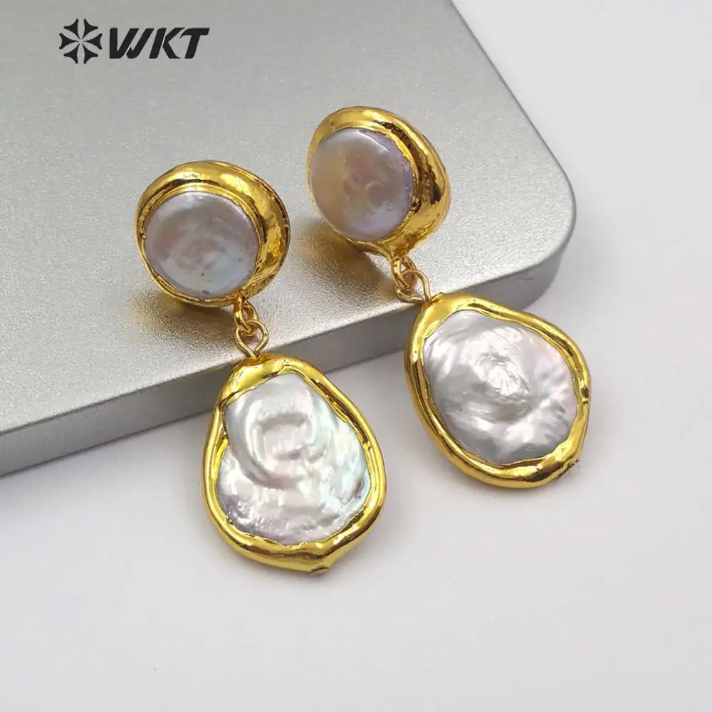 

WT-E560 WKT Natural Freshwater Pearl 18k Earring Teardrop Shape With Gold Electroplated Women Jewelry Findings