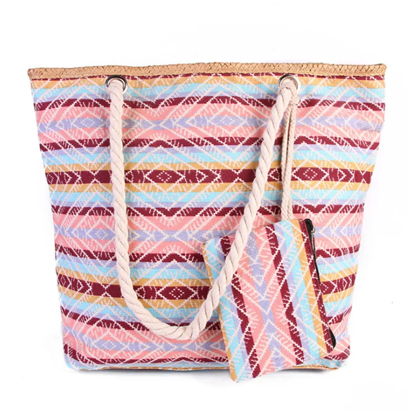 Bolso de mano de lona para mujer, bolsa de mano de lona de 2 piezas, a rayas de colores, de gran capacidad, estilo bohemio, informal, para la playa, novedad de 2022