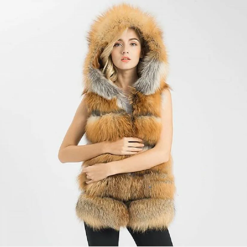 Natural red fox fur hooded vest Silver fox added hat vest Real fox fur made vests Winter warm fashion casual European street sty