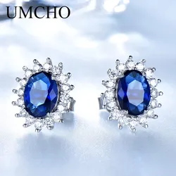 UMCHO Luxury Genuine 925 Sterling Silver Earrings for Women Blue Sapphire Diana Wedding Party Jewelry Romantic Gift Fine Jewelry