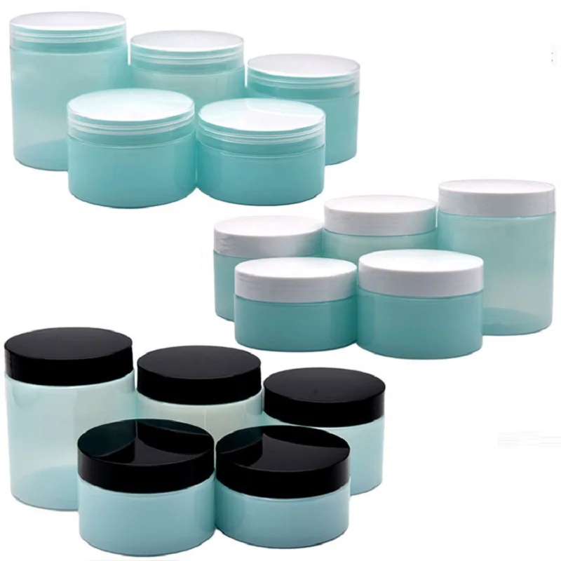 

Empty 100ml 120ml 150ml 200ml 250ml Light Blue PET Cream Jars Black White Clear Lid Refillable Bottles Plastic Containers 24pcs