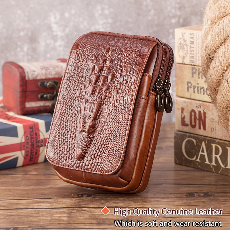 Minimalist Commuting Leather Phone Waist Bag with Belt 5.56-Inch Mini Waist Retro Cowhide Crocodile Pattern Waist Bag for Men