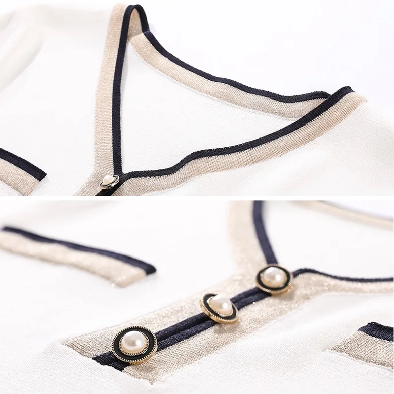 TuangBiang Women Button V-Neck Long Sleeve Patchwork Sweater 2023 Fashion White Elastic Pullover Autumn Lady Bright Silk Jumpers