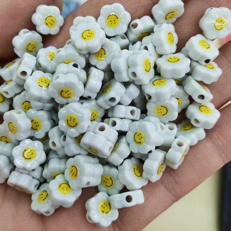 10pcs 9mm Smile Face Sun Flower Ceramic Beads Fashion Charm DIY Loose Spacer Bead For Jewelry Making Bracelet Accessories