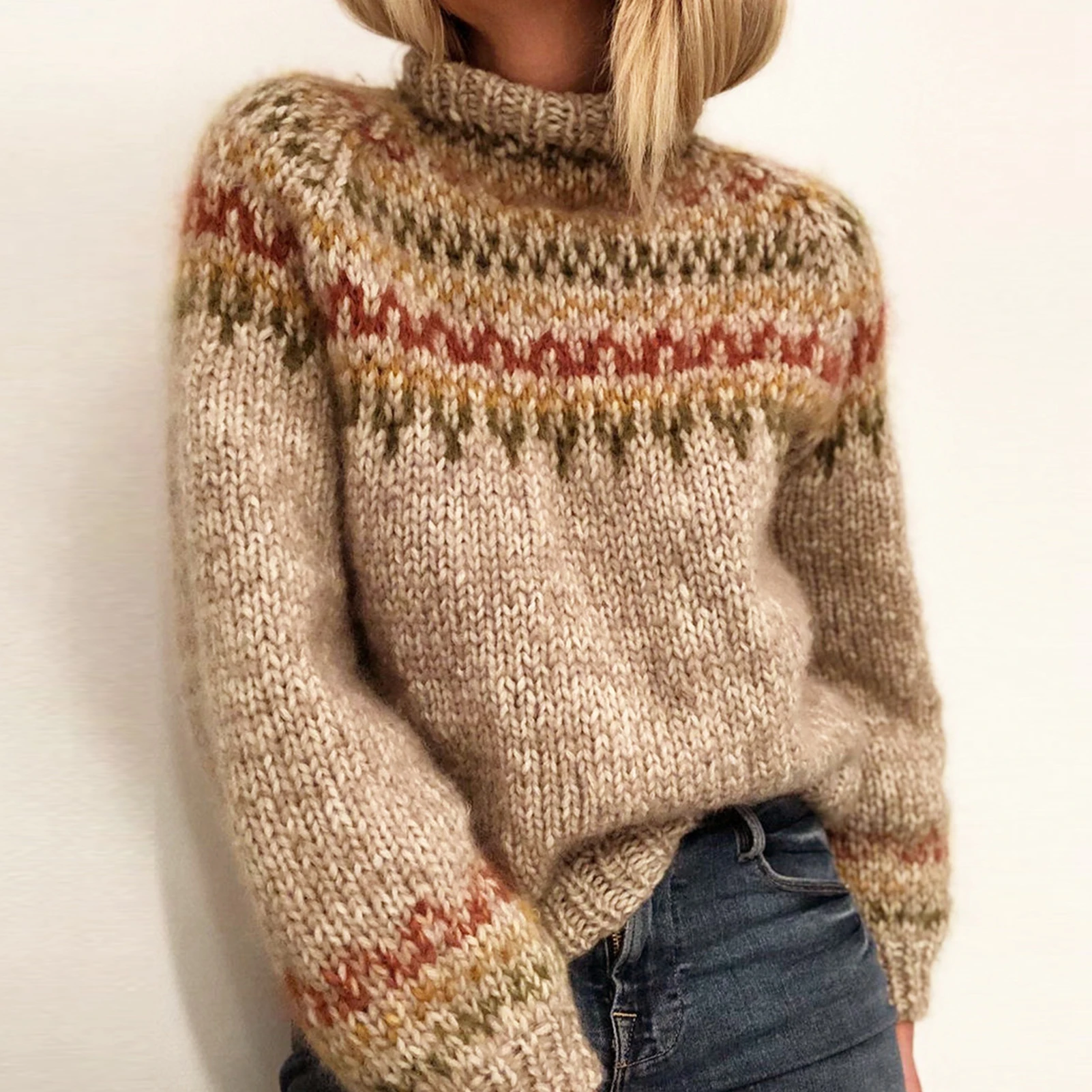 2021 Women Knitted Sweaters Autumn Winter Loose O Neck Long Sleeve Jumper Jacquard Stripe Tops Female Knitwear Pullover Vintage