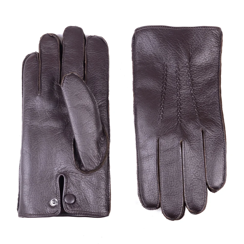 Men\'s Real Leather DeerSkin Wrist Button Winter Warm Driving Short Gloves Outdoor Gloves