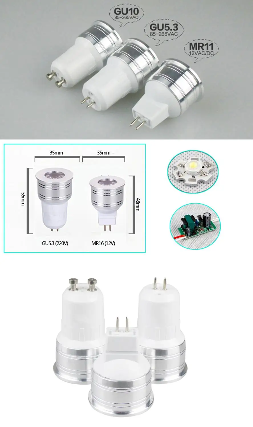 1W 3W LED Light Bulb MR11 12V Dimmable 35mm Mini Spotlight Bulb GU5.3 GU10 E27 COB Lamps 220V 110V